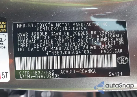 2005 Toyota Camry Std z USA, uszkodzony, nr VIN 4T1BE32K95U941002